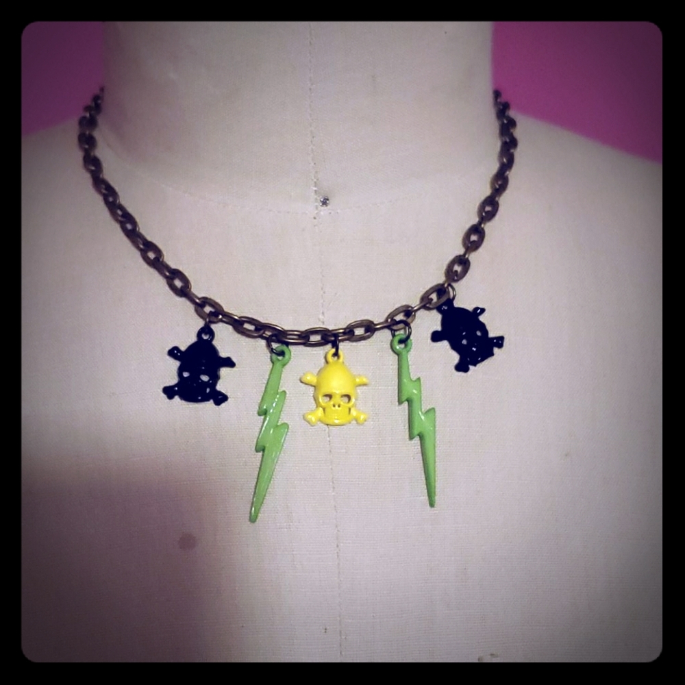 Skull and lighting bolts necklace handmade